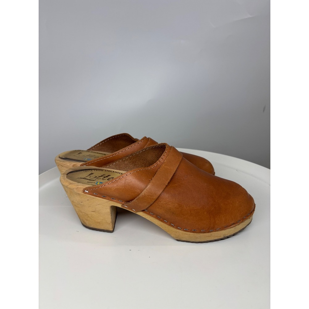 Lotta from Stockholm Tan Leather Swedish Wooden Clogs Mules Size 39